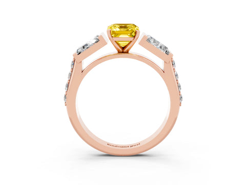 Rose gold Emerald Cut Yellow Sapphire Engagement Ring with Baguette Side Stones and Channel Set Band_3