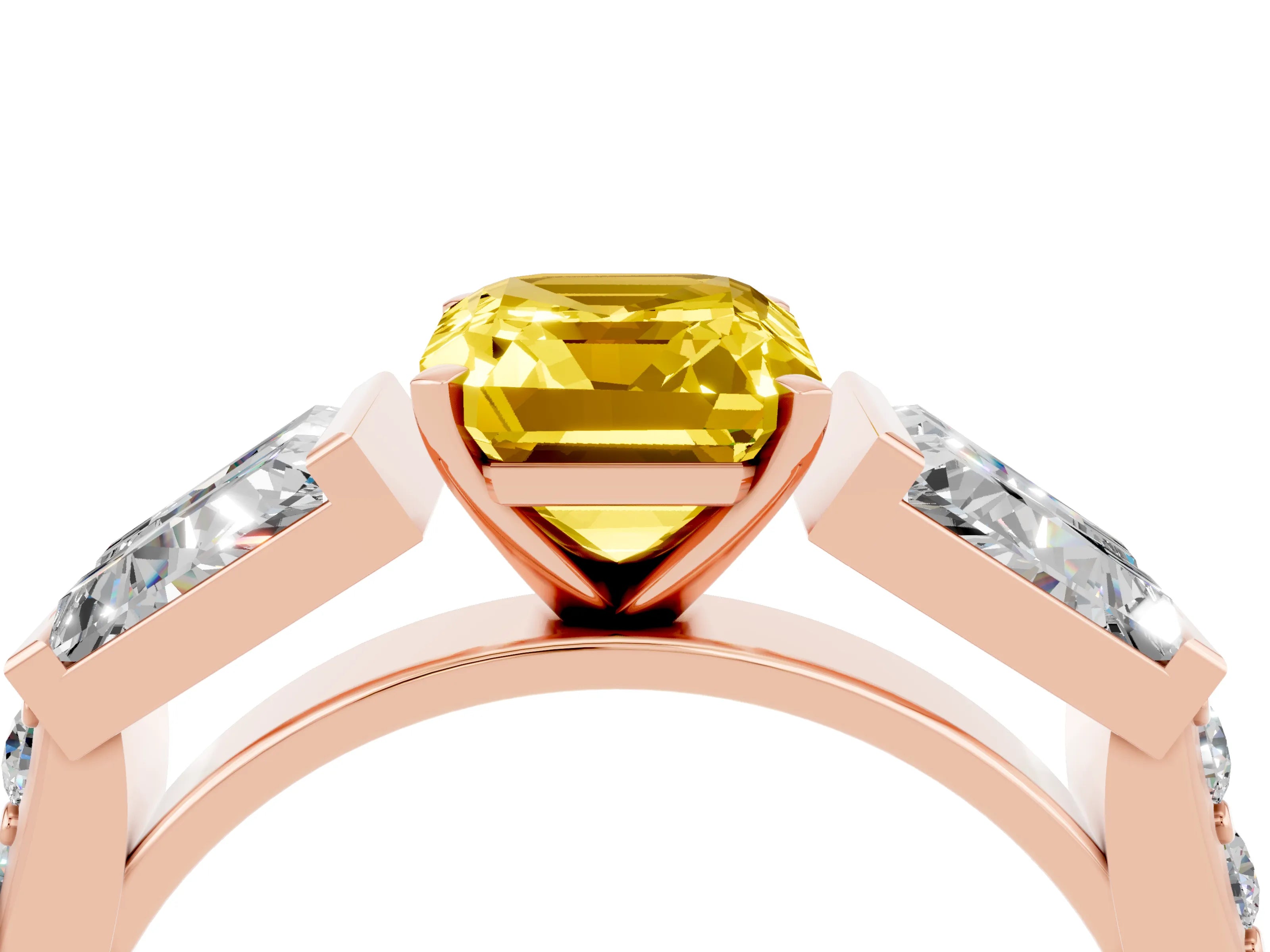 Rose gold Emerald Cut Yellow Sapphire Engagement Ring with Baguette Side Stones and Channel Set Band_4