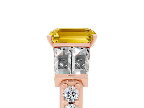 Rose gold Emerald Cut Yellow Sapphire Engagement Ring with Baguette Side Stones and Channel Set Band_5