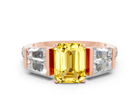 Rose gold Emerald Cut Yellow Sapphire Engagement Ring with Baguette Side Stones and Channel Set Band