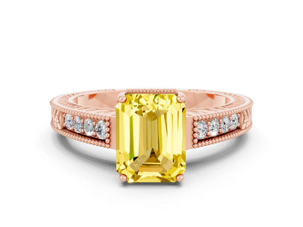 Rose gold Emerald Cut Yellow Sapphire Engagement Ring with Milgrain Channel Set Band and Prong Setting