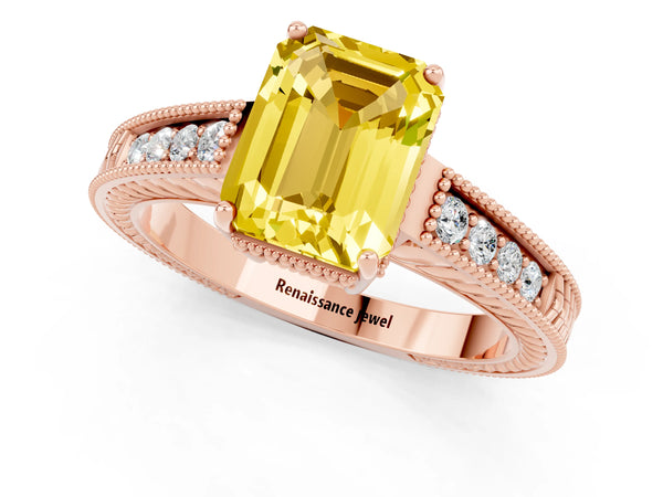 Rose gold Emerald Cut Yellow Sapphire Engagement Ring with Milgrain Channel Set Band and Prong Setting