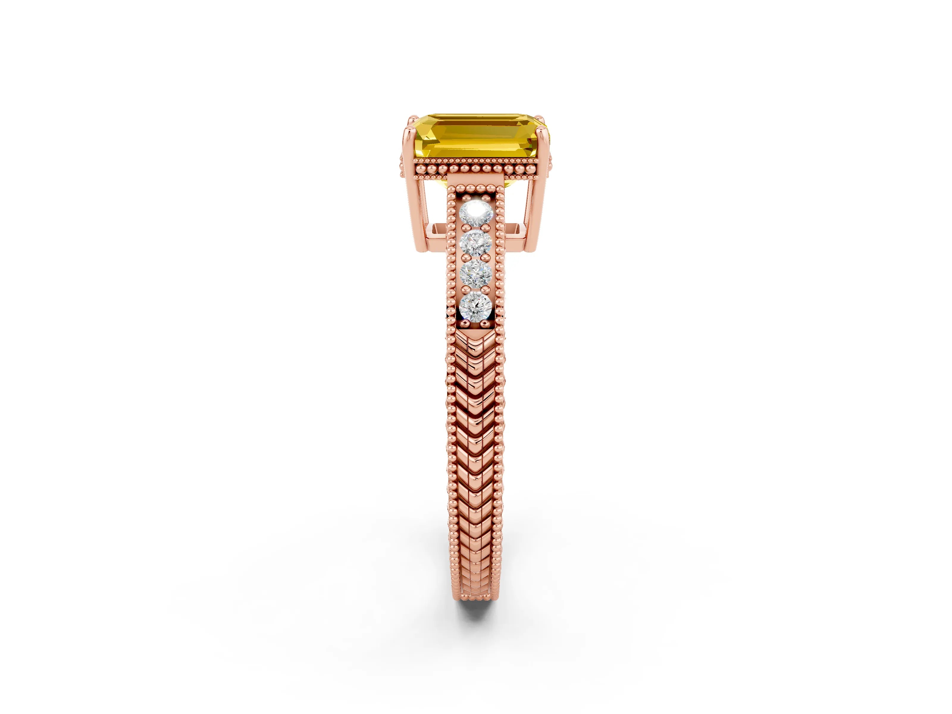 Rose gold Emerald Cut Yellow Sapphire Engagement Ring with Milgrain Channel Set Band and Prong Setting_26