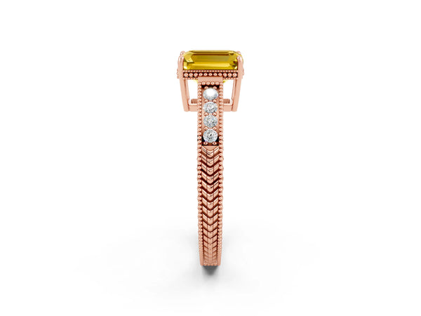Rose gold Emerald Cut Yellow Sapphire Engagement Ring with Milgrain Channel Set Band and Prong Setting