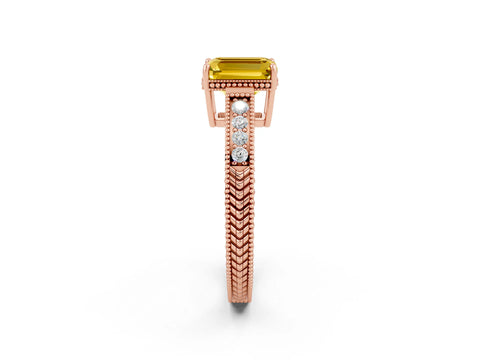 Rose gold Emerald Cut Yellow Sapphire Engagement Ring with Milgrain Channel Set Band and Prong Setting_26