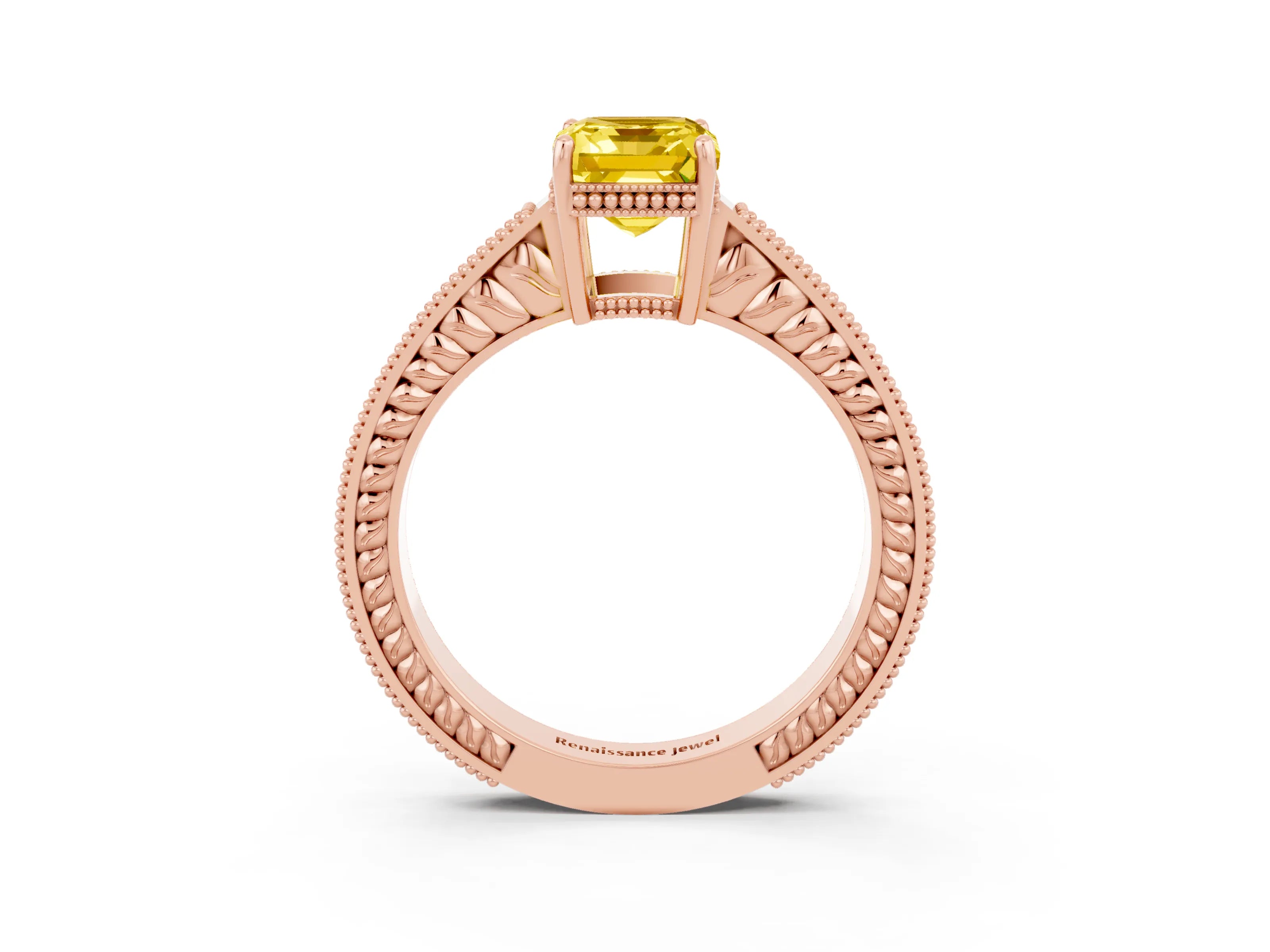 Rose gold Emerald Cut Yellow Sapphire Engagement Ring with Milgrain Channel Set Band and Prong Setting_27