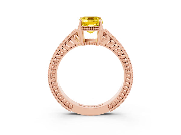 Rose gold Emerald Cut Yellow Sapphire Engagement Ring with Milgrain Channel Set Band and Prong Setting