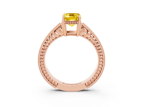 Rose gold Emerald Cut Yellow Sapphire Engagement Ring with Milgrain Channel Set Band and Prong Setting_27