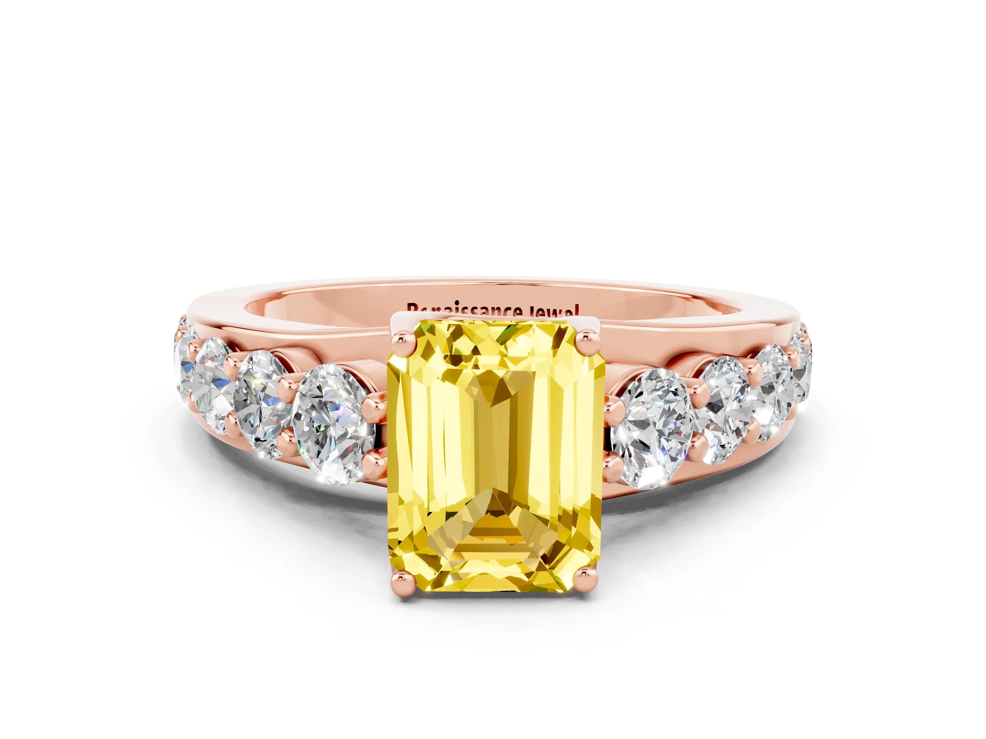 Rose gold Emerald Cut Yellow Sapphire Engagement Ring with Pavé Band and Four-Prong Setting