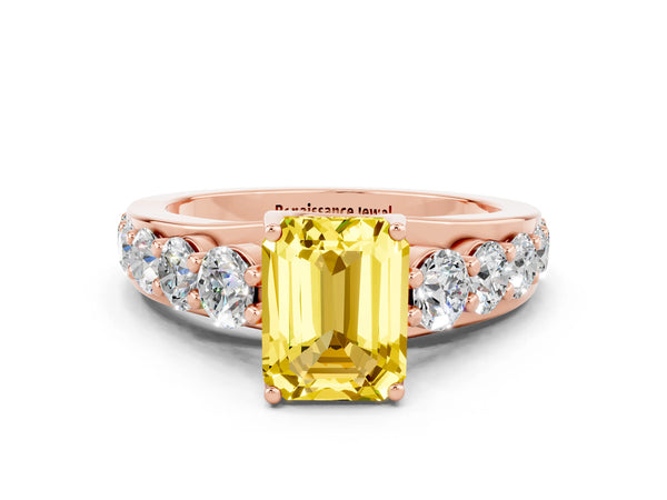 Rose gold Emerald Cut Yellow Sapphire Engagement Ring with Pavé Band and Four-Prong Setting