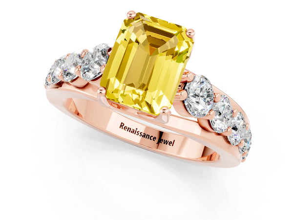 Rose gold Emerald Cut Yellow Sapphire Engagement Ring with Pavé Band and Four-Prong Setting