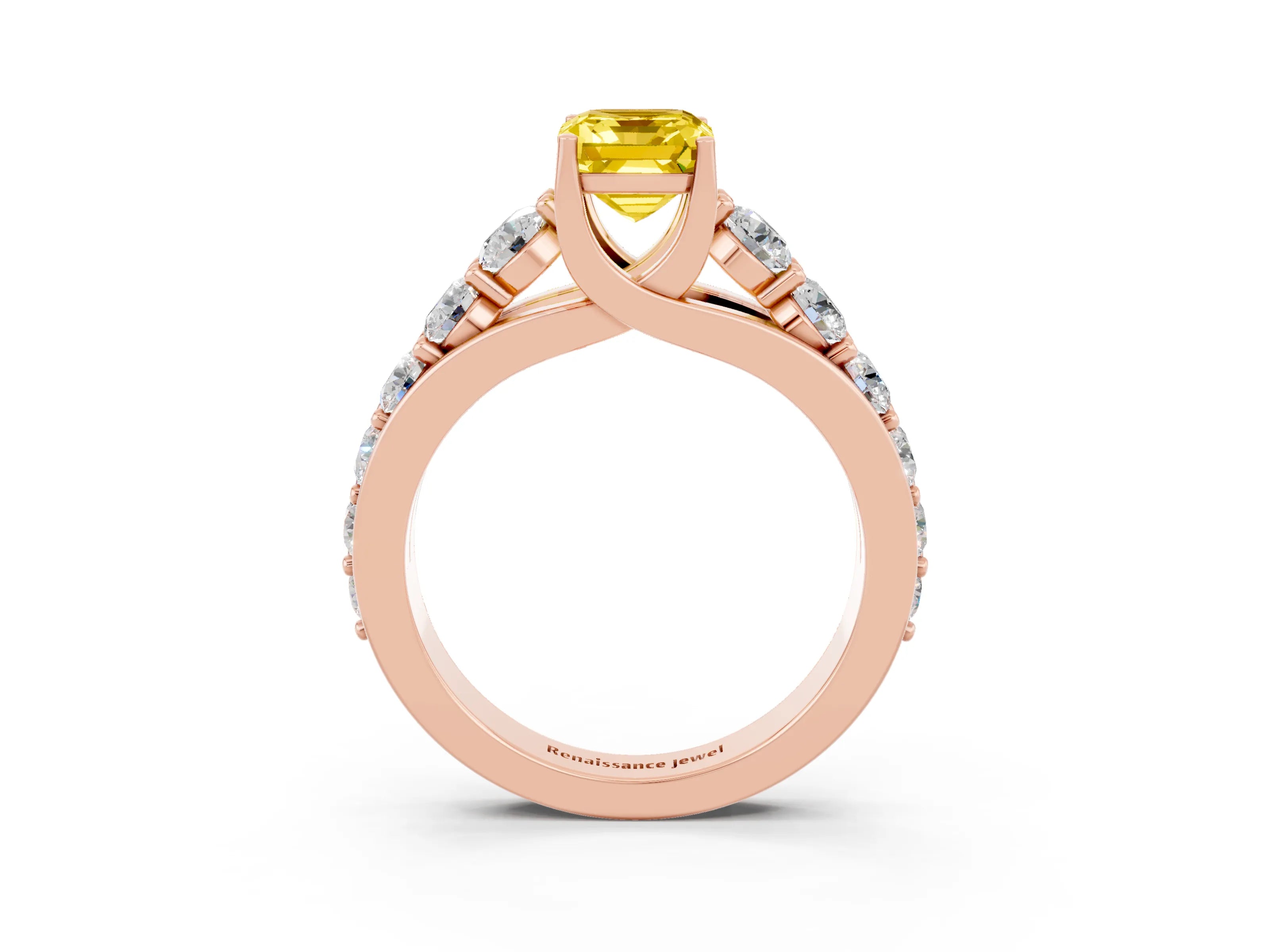 Rose gold Emerald Cut Yellow Sapphire Engagement Ring with Pavé Band and Four-Prong Setting_3