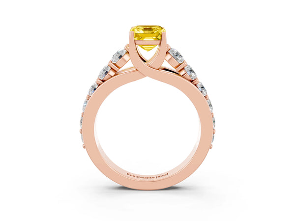 Rose gold Emerald Cut Yellow Sapphire Engagement Ring with Pavé Band and Four-Prong Setting