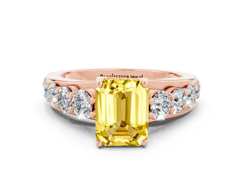 Rose gold Emerald Cut Yellow Sapphire Engagement Ring with Pavé Band and Four-Prong Setting