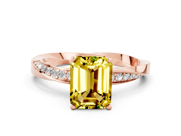Rose gold Emerald Cut Yellow Sapphire Engagement Ring with Side Stone Accents and Four-Prong Setting