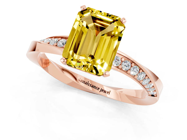 Rose gold Emerald Cut Yellow Sapphire Engagement Ring with Side Stone Accents and Four-Prong Setting