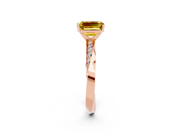 Rose gold Emerald Cut Yellow Sapphire Engagement Ring with Side Stone Accents and Four-Prong Setting