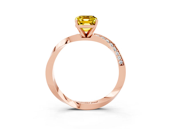 Rose gold Emerald Cut Yellow Sapphire Engagement Ring with Side Stone Accents and Four-Prong Setting