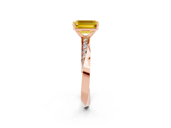 Rose gold Emerald Cut Yellow Sapphire Engagement Ring with Side Stone Accents and Four-Prong Setting