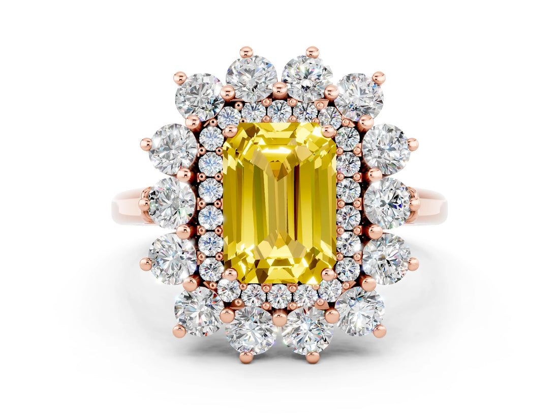 Rose gold Emerald Cut Yellow Sapphire Floral Double Halo Engagement Ring with Prong Setting_60