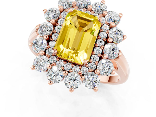 Rose gold Emerald Cut Yellow Sapphire Floral Double Halo Engagement Ring with Prong Setting