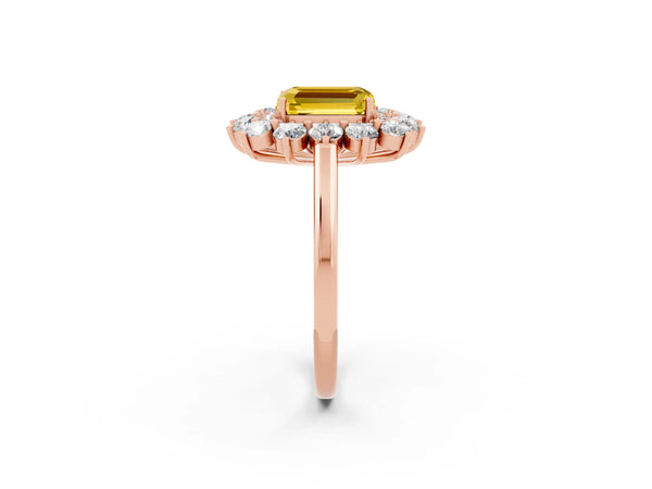 Rose gold Emerald Cut Yellow Sapphire Floral Double Halo Engagement Ring with Prong Setting