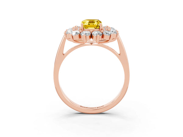 Rose gold Emerald Cut Yellow Sapphire Floral Double Halo Engagement Ring with Prong Setting