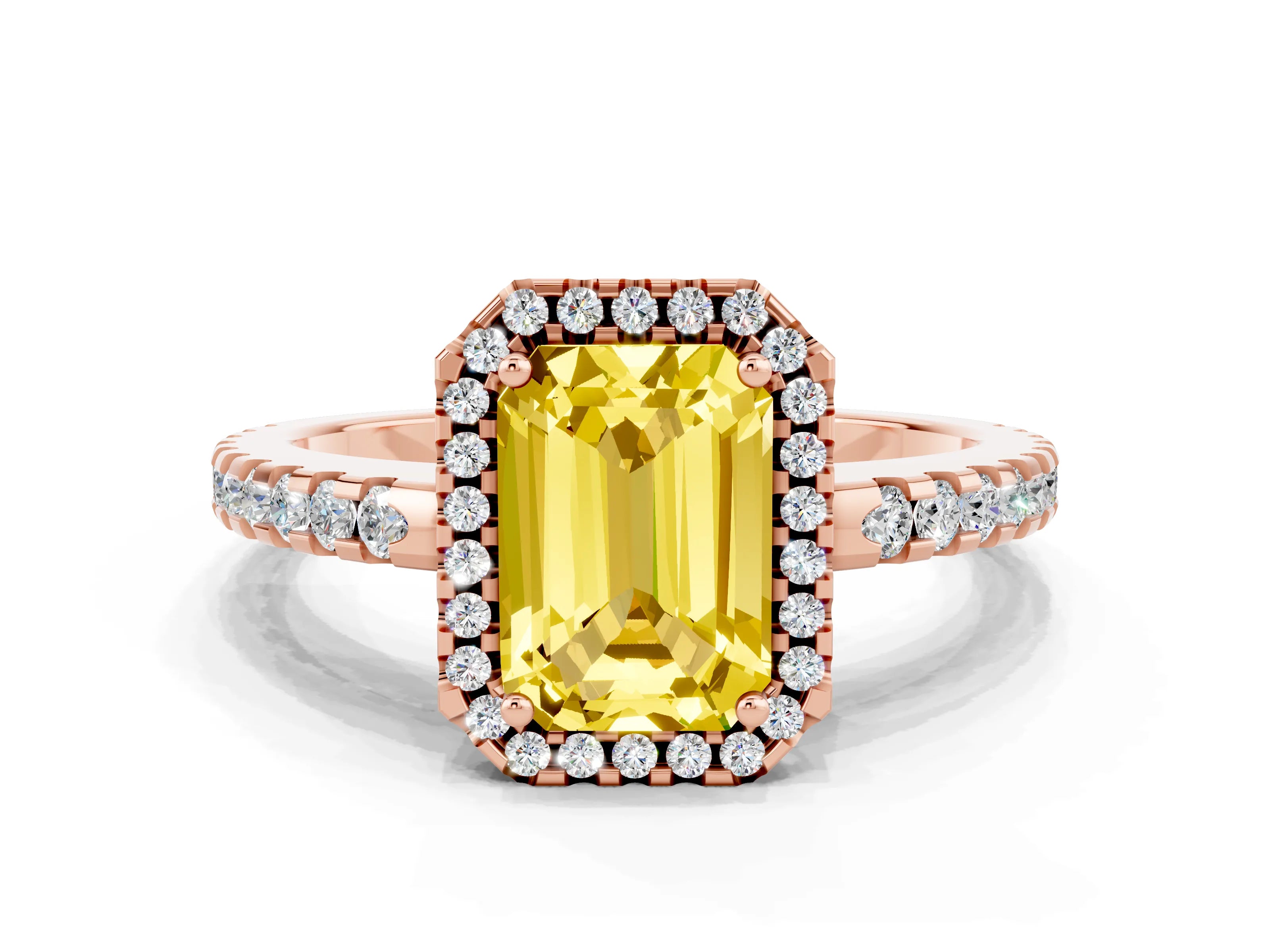 Rose gold Emerald Cut Yellow Sapphire Halo Engagement Ring with Pavé Band and Prong Setting_12