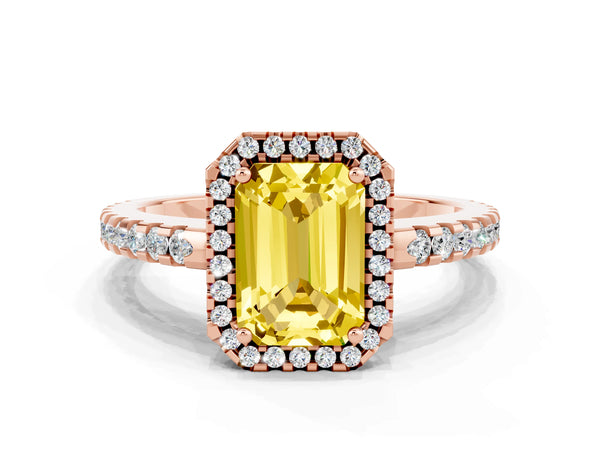 Rose gold Emerald Cut Yellow Sapphire Halo Engagement Ring with Pavé Band and Prong Setting