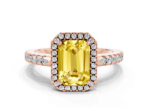 Rose gold Emerald Cut Yellow Sapphire Halo Engagement Ring with Pavé Band and Prong Setting_12