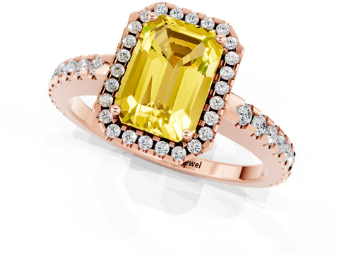 Rose gold Emerald Cut Yellow Sapphire Halo Engagement Ring with Pavé Band and Prong Setting_13