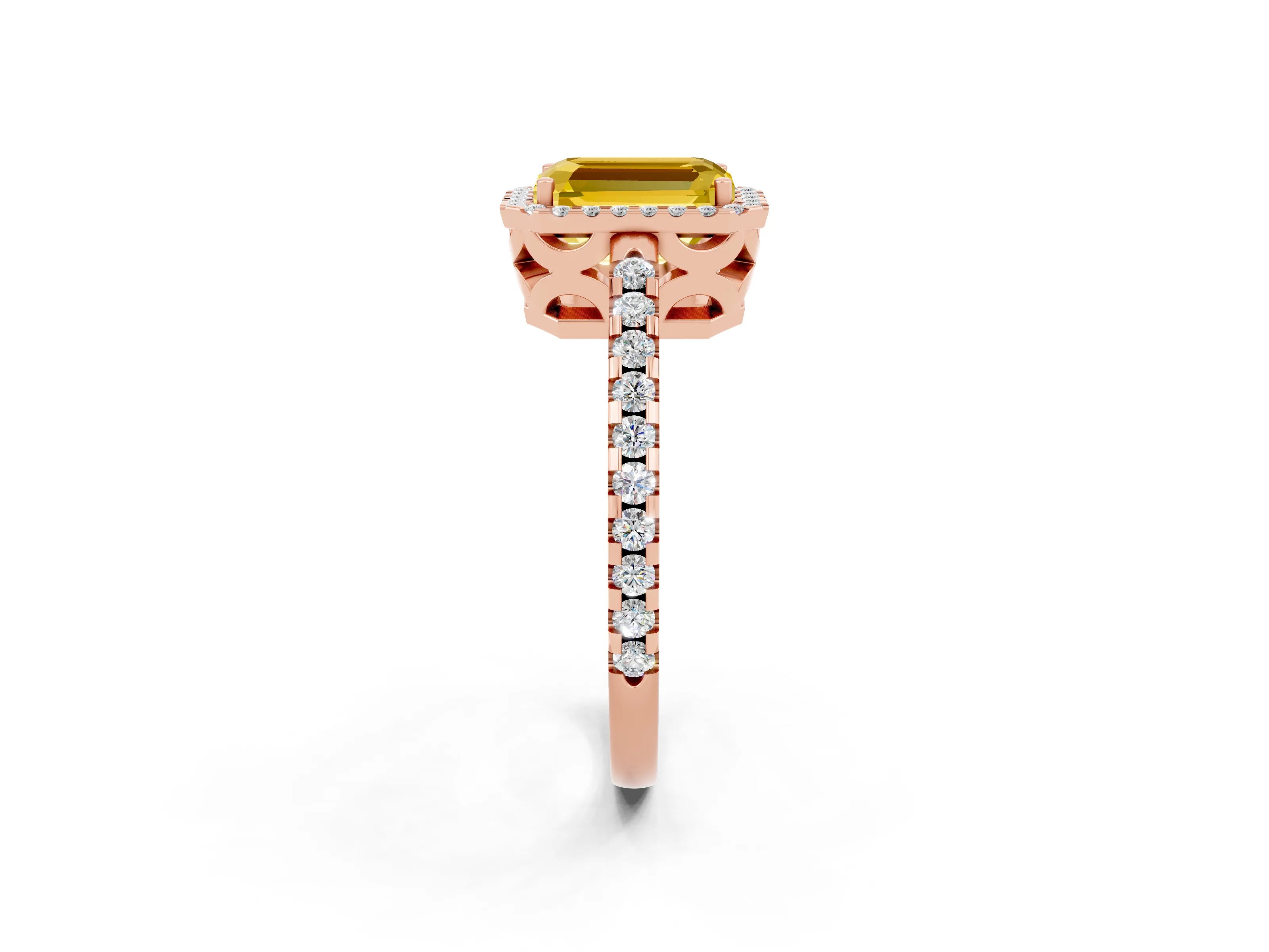 Rose gold Emerald Cut Yellow Sapphire Halo Engagement Ring with Pavé Band and Prong Setting_14