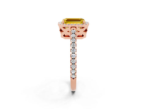 Rose gold Emerald Cut Yellow Sapphire Halo Engagement Ring with Pavé Band and Prong Setting_14