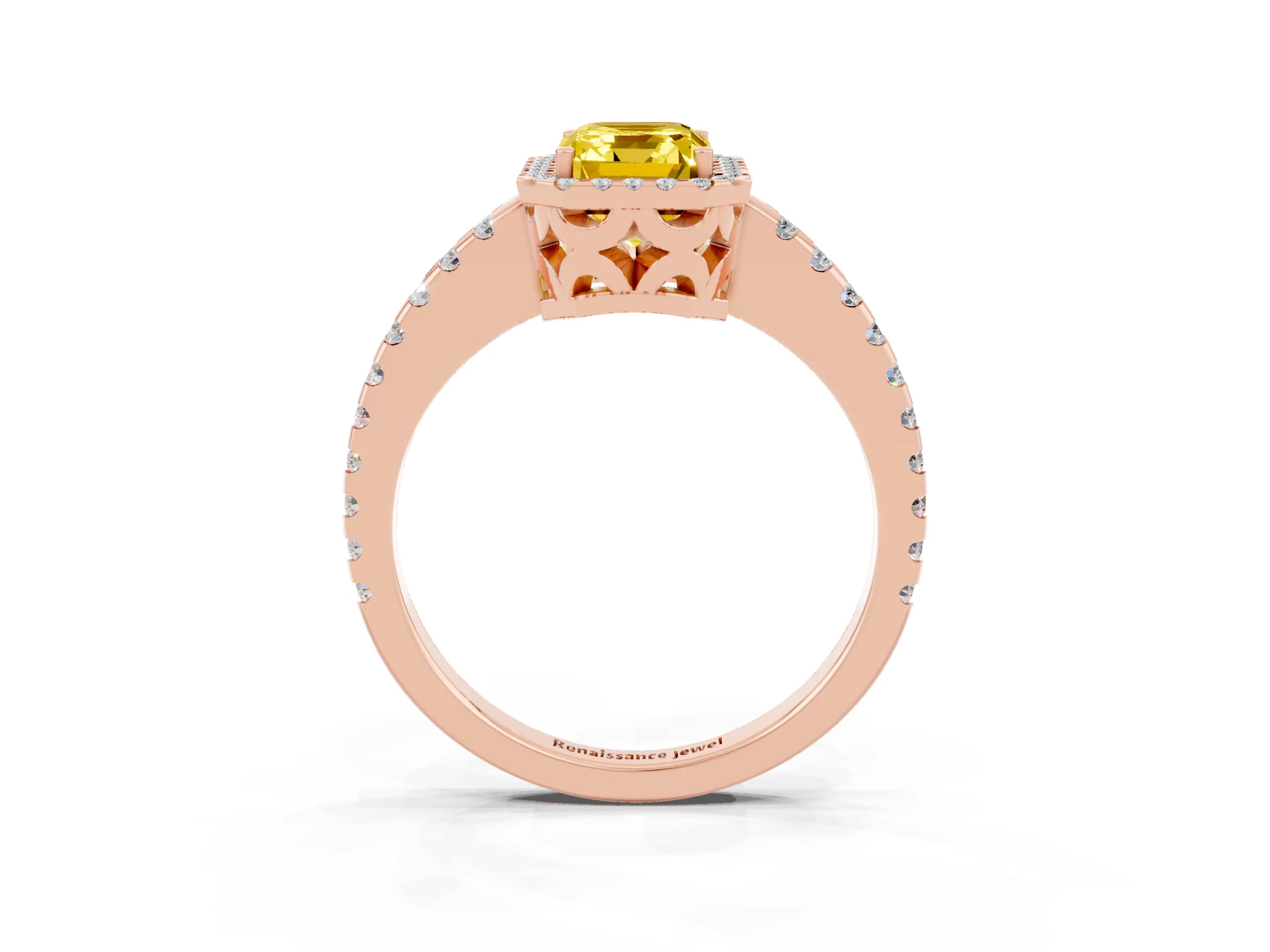 Rose gold Emerald Cut Yellow Sapphire Halo Engagement Ring with Pavé Band and Prong Setting_15
