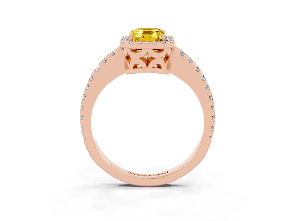 Rose gold Emerald Cut Yellow Sapphire Halo Engagement Ring with Pavé Band and Prong Setting