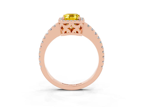 Rose gold Emerald Cut Yellow Sapphire Halo Engagement Ring with Pavé Band and Prong Setting_15