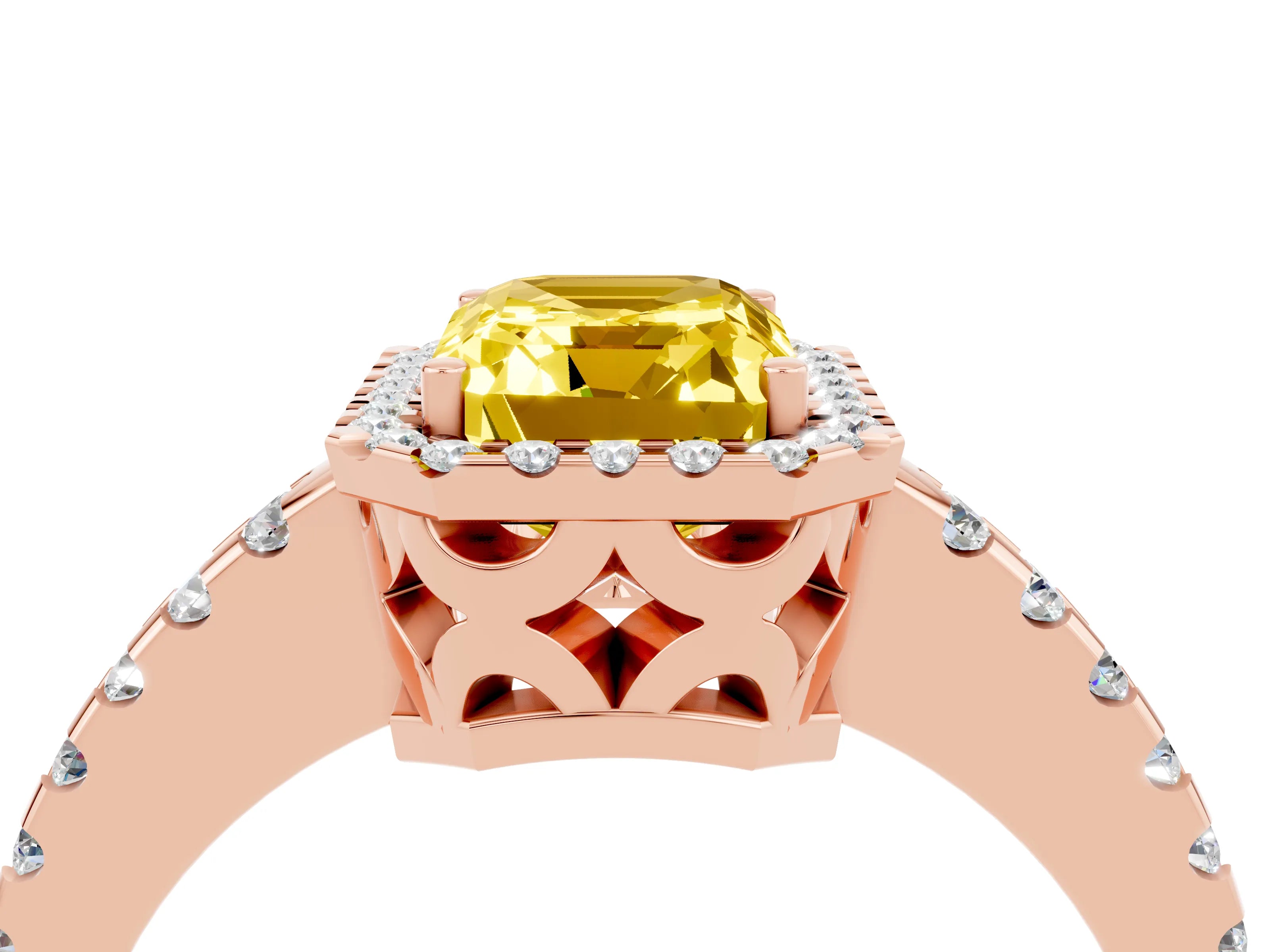 Rose gold Emerald Cut Yellow Sapphire Halo Engagement Ring with Pavé Band and Prong Setting_16