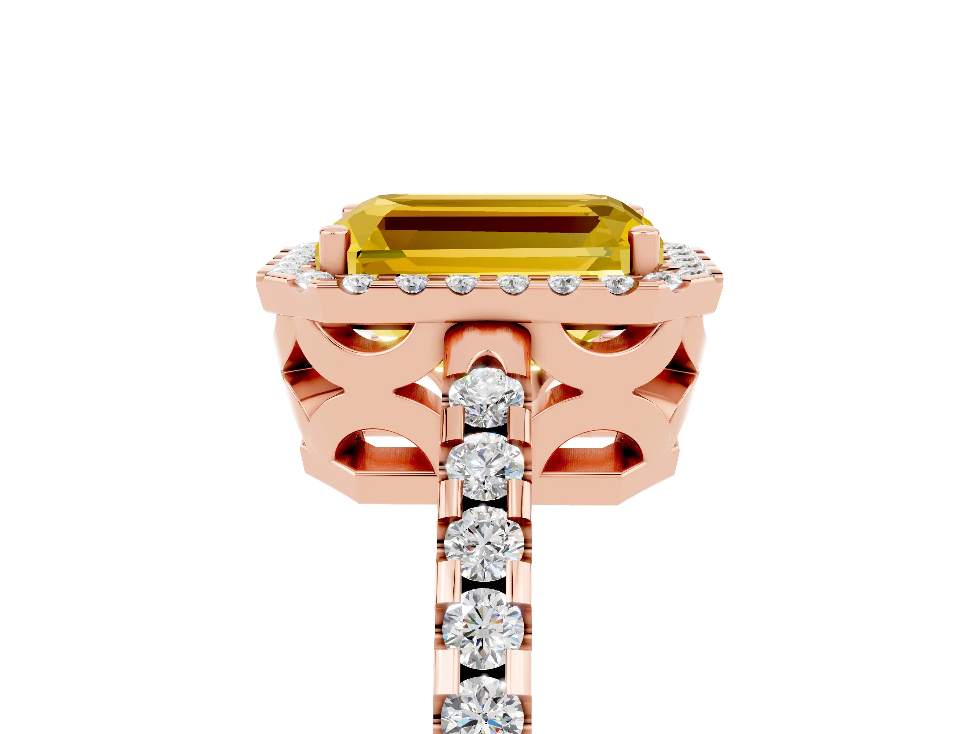 Rose gold Emerald Cut Yellow Sapphire Halo Engagement Ring with Pavé Band and Prong Setting_17