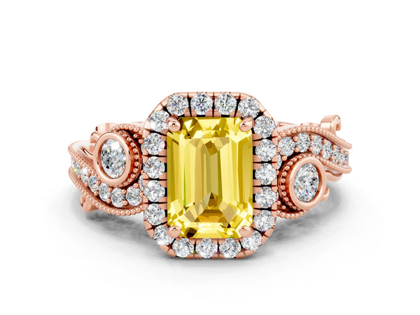 Rose gold Emerald Cut Yellow Sapphire Halo Ring with Milgrain Pavé Band and Four-Prong Setting