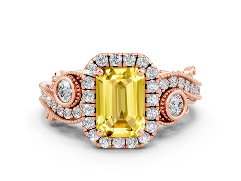 Rose gold Emerald Cut Yellow Sapphire Halo Ring with Milgrain Pavé Band and Four-Prong Setting_12