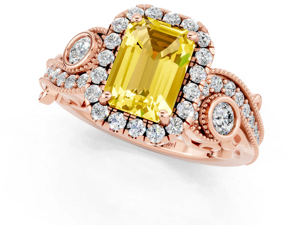 Rose gold Emerald Cut Yellow Sapphire Halo Ring with Milgrain Pavé Band and Four-Prong Setting