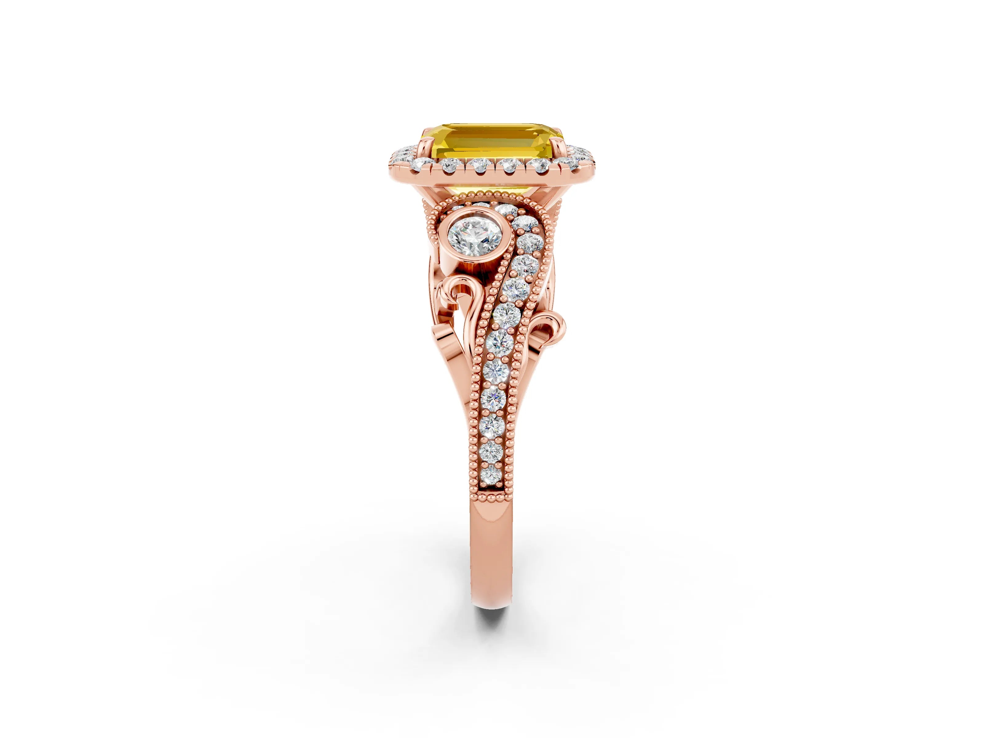 Rose gold Emerald Cut Yellow Sapphire Halo Ring with Milgrain Pavé Band and Four-Prong Setting_14
