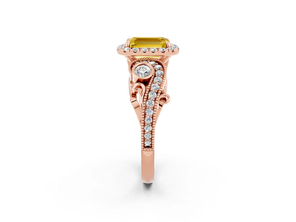 Rose gold Emerald Cut Yellow Sapphire Halo Ring with Milgrain Pavé Band and Four-Prong Setting