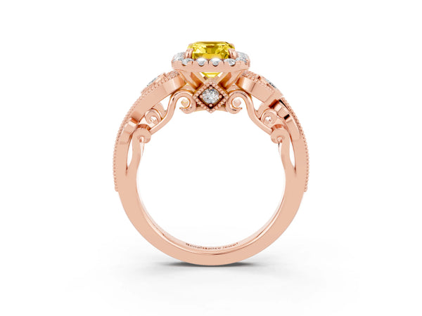 Rose gold Emerald Cut Yellow Sapphire Halo Ring with Milgrain Pavé Band and Four-Prong Setting