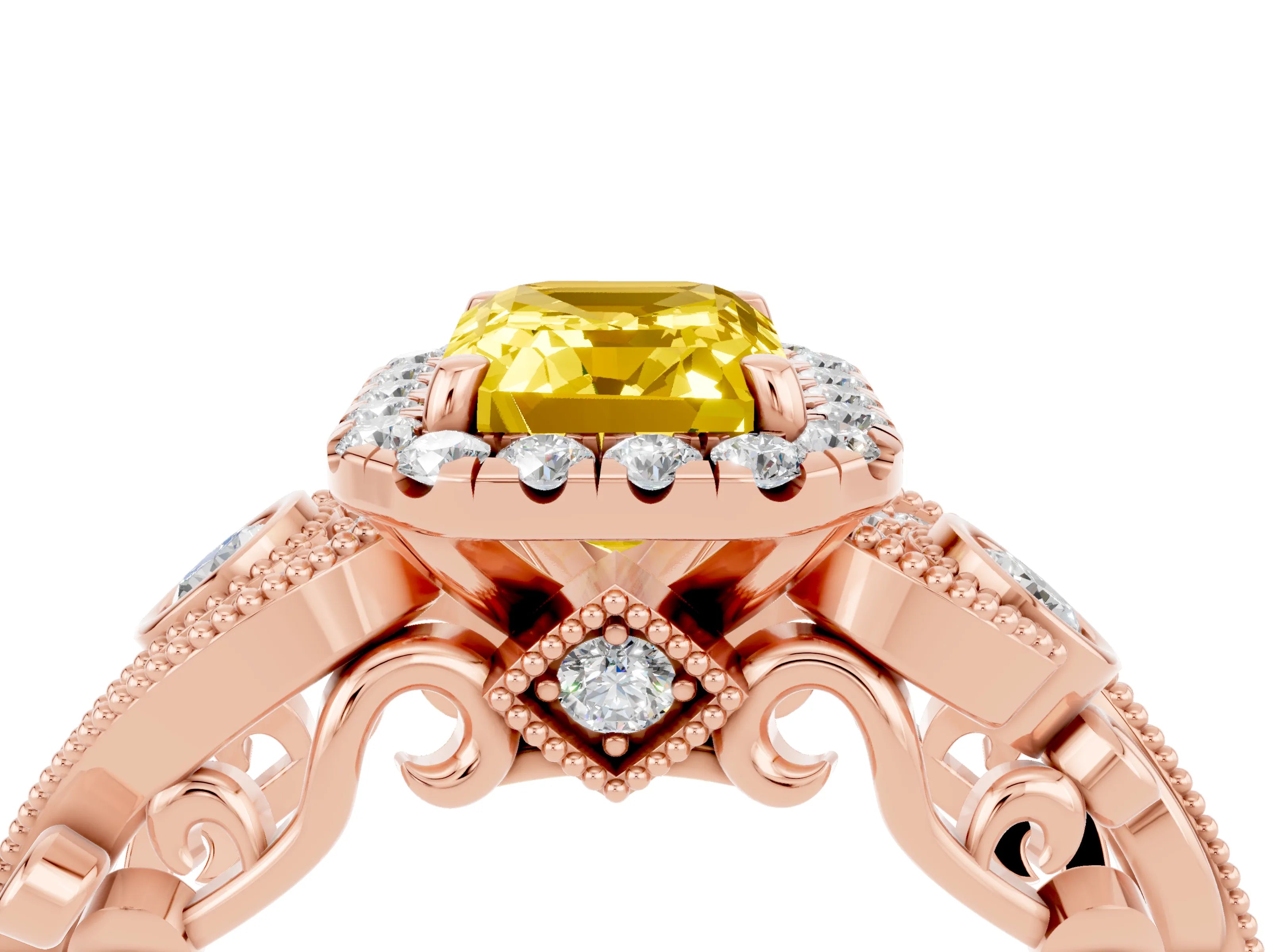 Rose gold Emerald Cut Yellow Sapphire Halo Ring with Milgrain Pavé Band and Four-Prong Setting_16