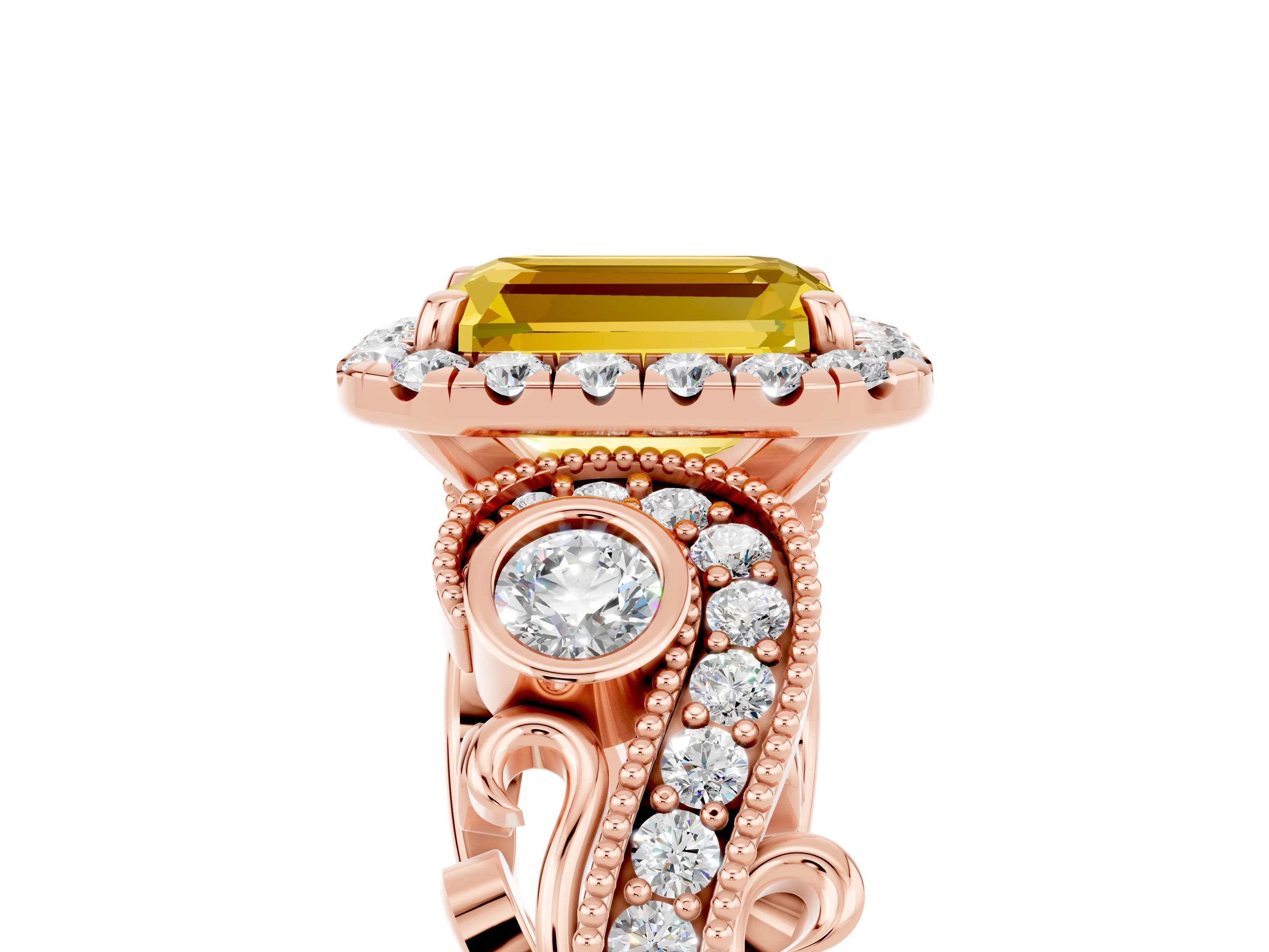 Rose gold Emerald Cut Yellow Sapphire Halo Ring with Milgrain Pavé Band and Four-Prong Setting_17