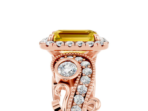 Rose gold Emerald Cut Yellow Sapphire Halo Ring with Milgrain Pavé Band and Four-Prong Setting_17