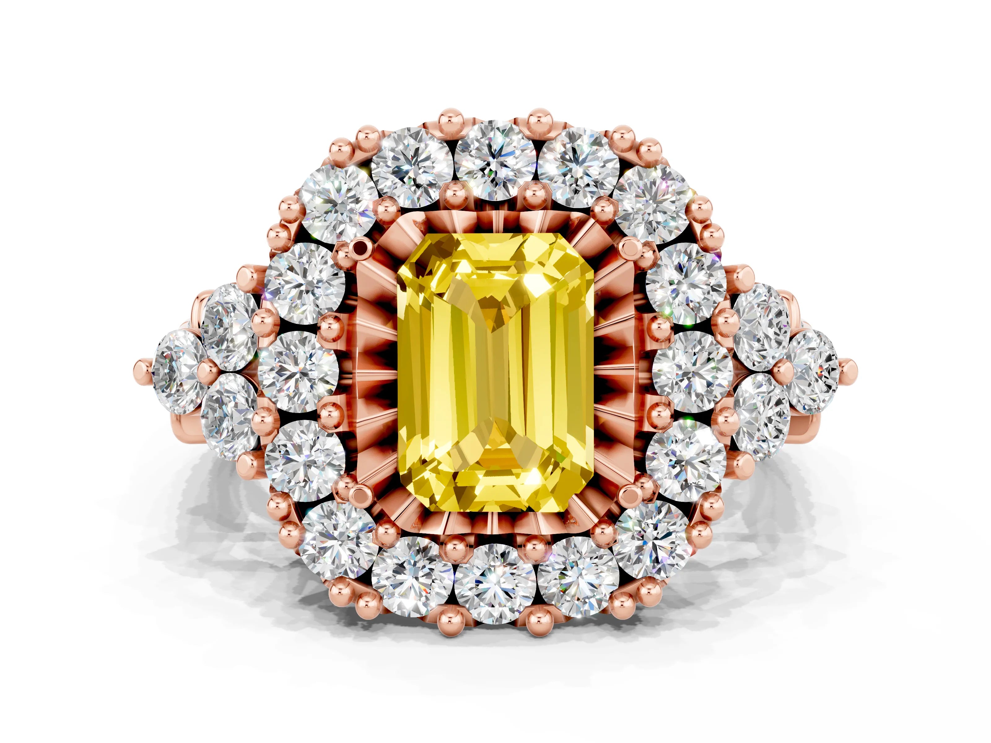Rose gold Emerald Cut Yellow Sapphire Halo Ring with Pavé Band and Four-Prong Setting_12