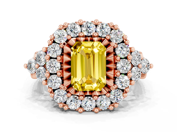 Rose gold Emerald Cut Yellow Sapphire Halo Ring with Pavé Band and Four-Prong Setting