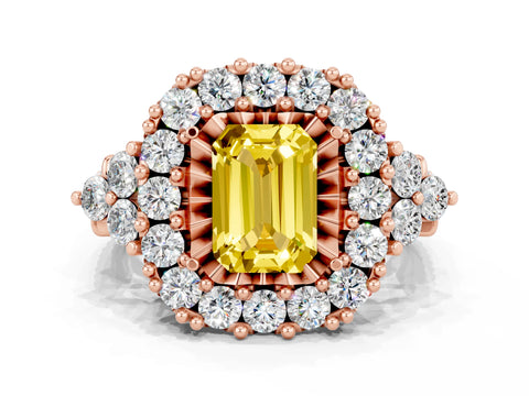 Rose gold Emerald Cut Yellow Sapphire Halo Ring with Pavé Band and Four-Prong Setting_12